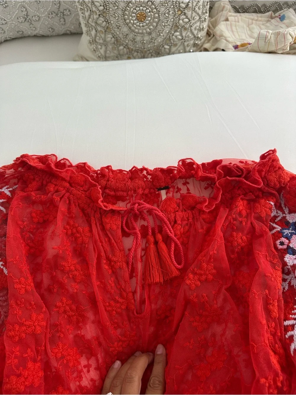 Free People medium Red Off-Shoulder Lace Blouse with Embroidered Sleeves cropped
